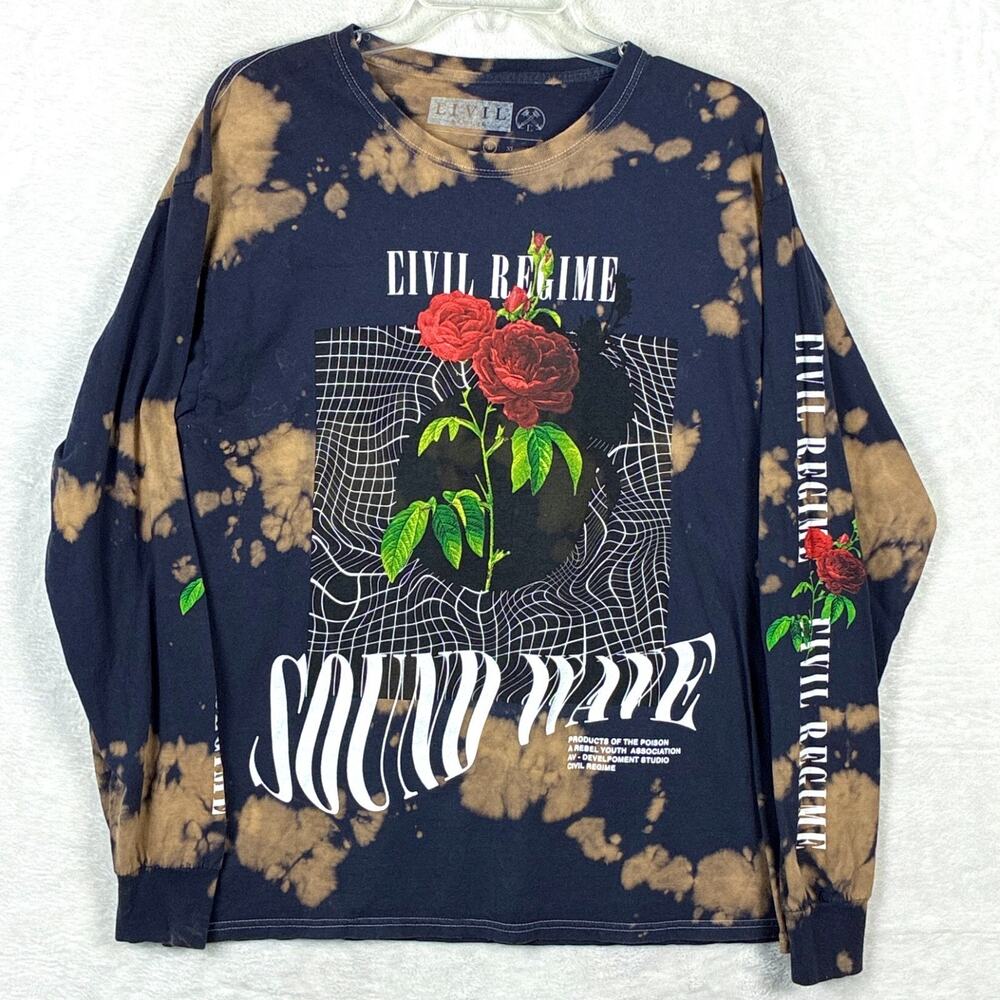 Civil Regime Sound Wave Shirt Men L Navy Brown Tie Dye Roses Skater Streetwear